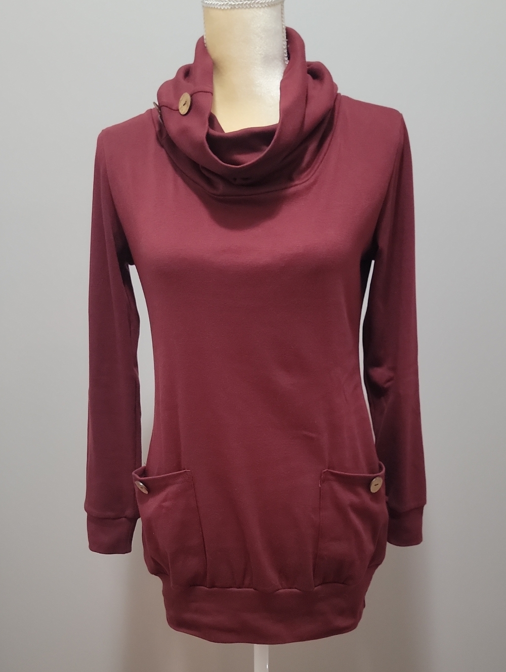 Levaca Burgundy Cowl Neck Button Tunic Sweater Pockets S NWT